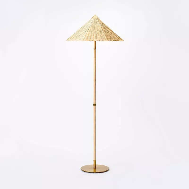 Floor Lamp Gold Iron with Tapered Rattan Shade