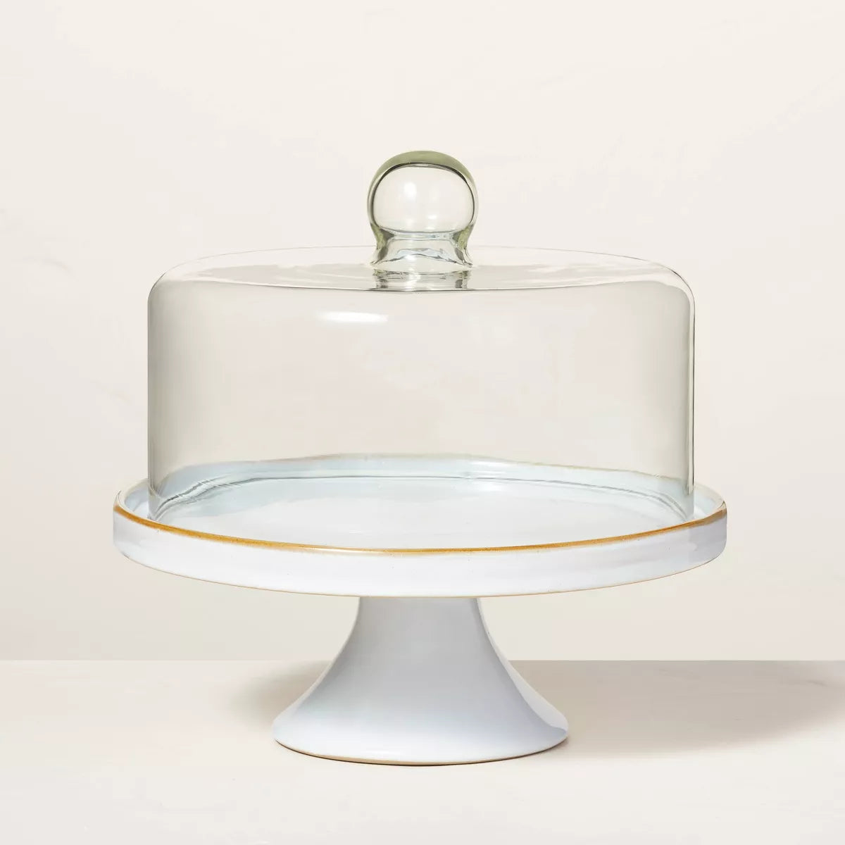 Stoneware Reactive Glaze Cake Stand with Glass Cloche