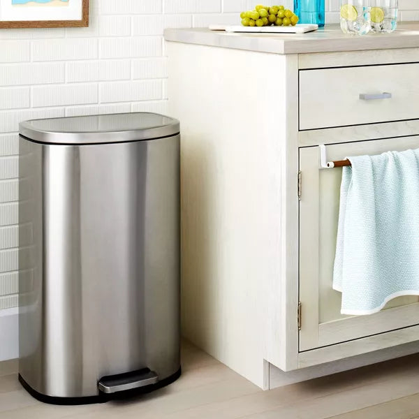 D Shape Step Trash Can - Stainless Steel, 13 Gallon, Kitchen Garbage Can, Smooth Finish, Indoor Use