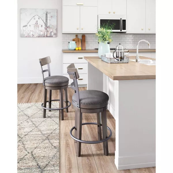 Caitbrook Counter Height Barstool Gray - Polyester Upholstery, Nailhead Trim, Swivel Seat