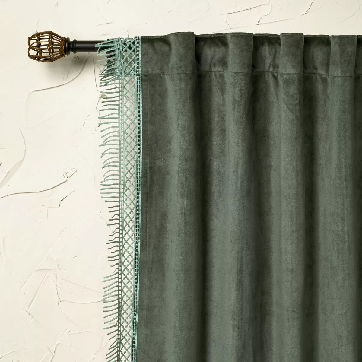 1pc Light Filtering Velvet Macrame Trim Window Curtain Panel