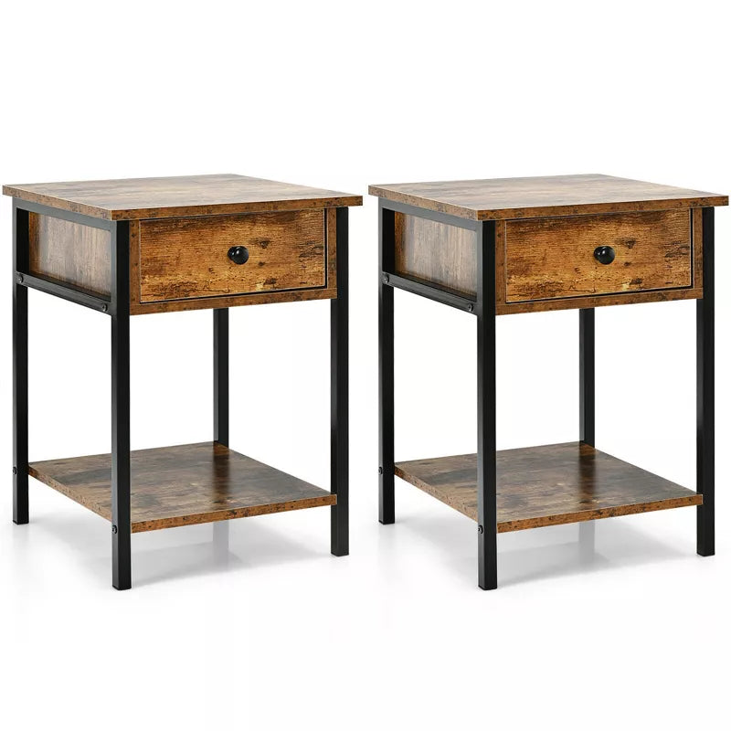 1-Piece Industrial End Side Table Nightstand with Drawer Shelf Rustic Brown