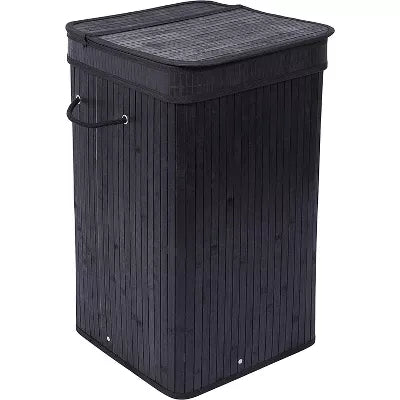 Bamboo Square Laundry Hamper with Lid and Cloth Liner - Black