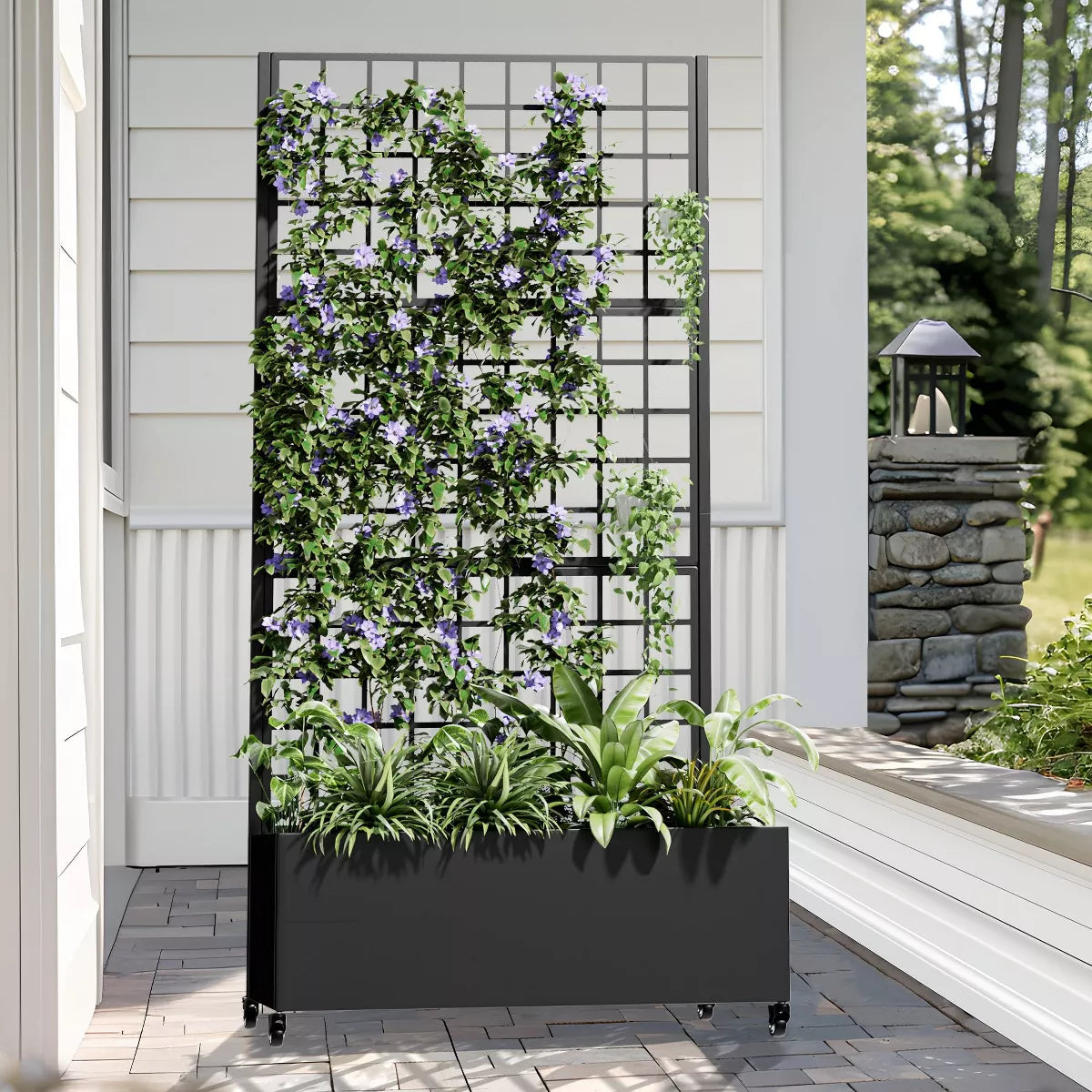 Black Metal Rectangle Planting Box with Climbing Frame Decorative Art Panel