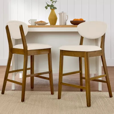 2-Piece Mid-Century Modern Wood and Upholstered Counter Height Bar Stool Set