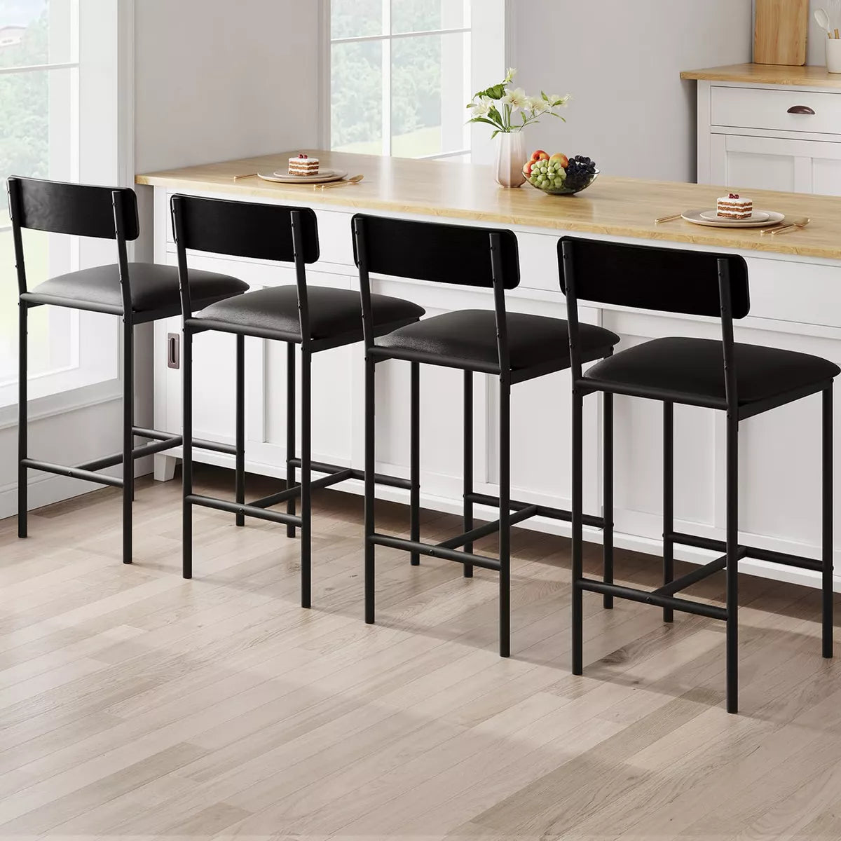 (Set of 4) Upholstered Height Bar Stools with Backrest and Footrest - Black SHOWROOM ITEM