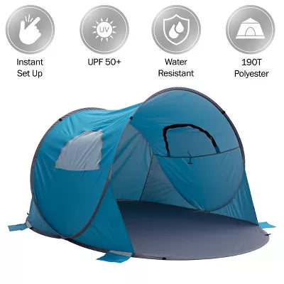 Pop Up Beach Tent with UV Protection and Ventilation Windows – Water and Wind Resistant Sun Shelter for Camping, Fishing, or Play  (Blue)