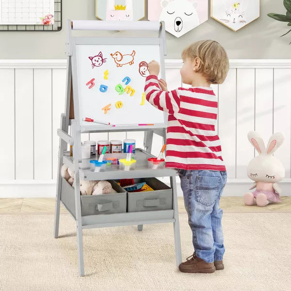 3-in-1 Art Easel for Kids with Magnetic Chalkboard & Whiteboard Paper Roll Gray