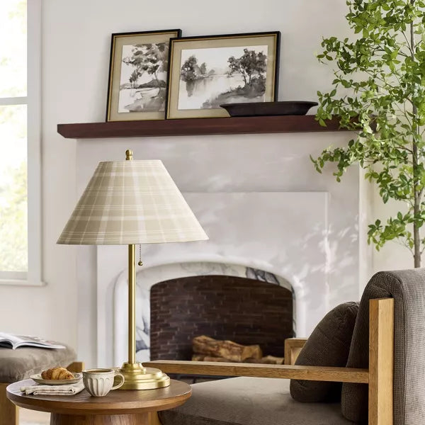 Brass Accent Table Lamp with Classic Plaid Shade Cream/Tan