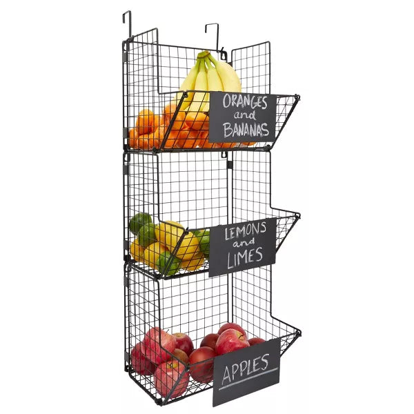 Black 3-Tier Metal Wire Hanging Basket Organizer, Storage Bins, Kitchen Pantry Organization Home Decor, Blank Plates