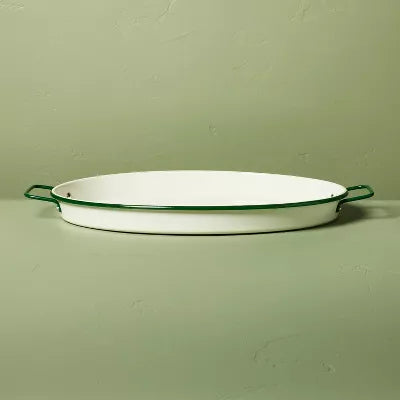 Enamel-Coated Metal Oval Serving Tray Cream/Green
