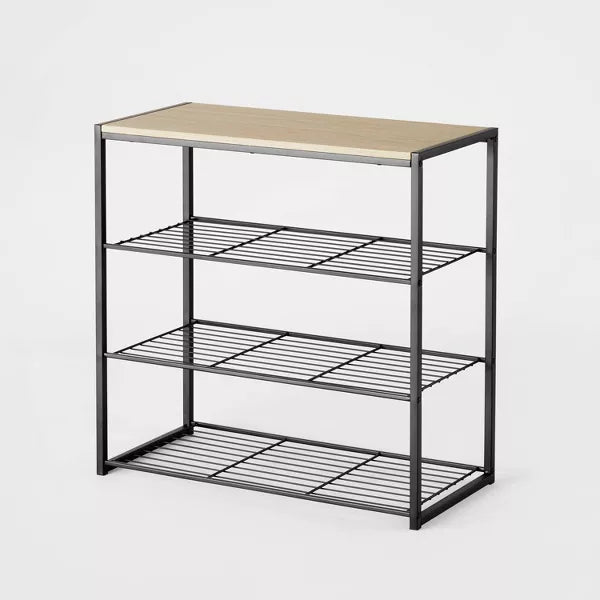 4 Tier Shoe Rack Black Metal with Natural Wood