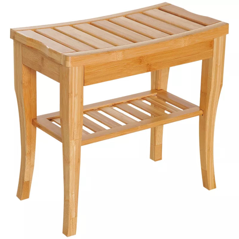 Long Bamboo Shower Bench Seat, Wooden Spa Shower Stool with Underneath Storage Shelf Shoe Organizer
