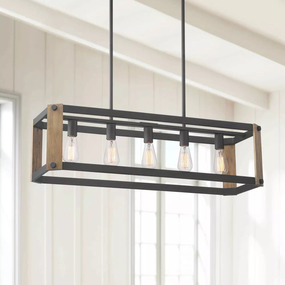 Black Linear Pendant Chandelier  Wide Rustic Farmhouse 5-Light Fixture for Kitchen Island Dining Room