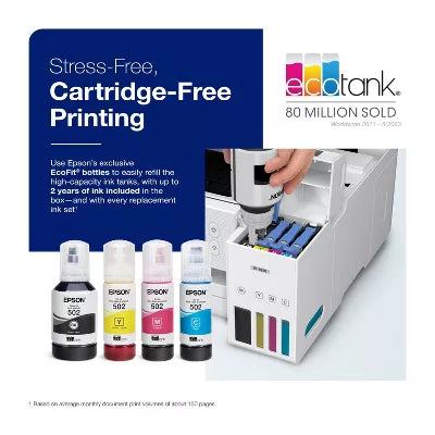 EcoTank Wireless Color All-in-One Cartridge-Free Supertank Printer, Copier, Scanner - White
