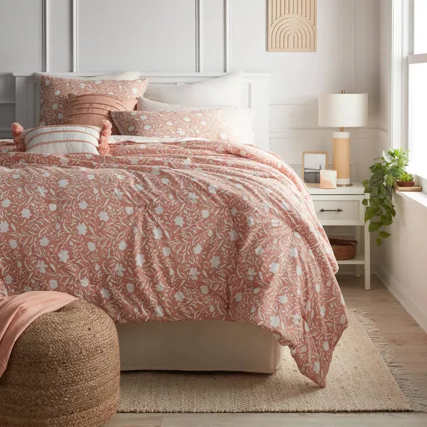 12pc Floral Boho Comforter & Sheets Set Terracotta Pink - King