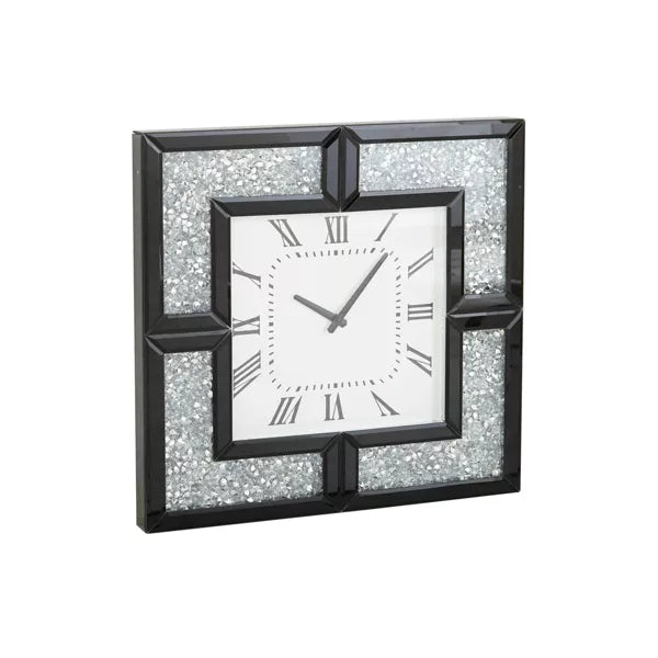 Glass Mirrored Wall Clock with Floating Crystals Black - Silent, Square, Glam Style Decor