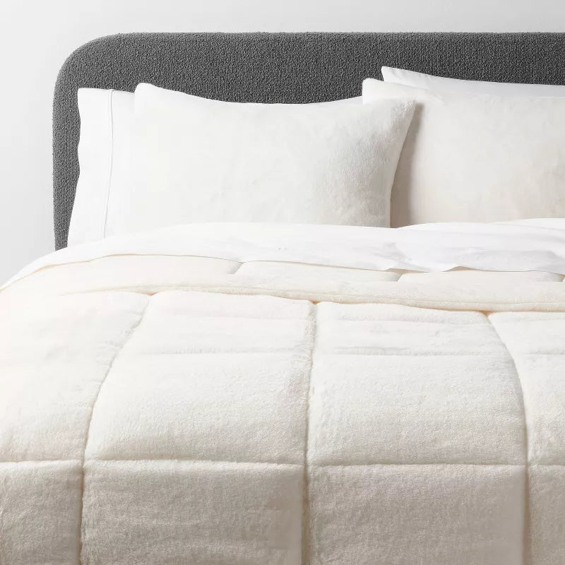 Luxe Box Stitch Faux Rabbit Fur Comforter and Sham Set Ivory - Full/Queen