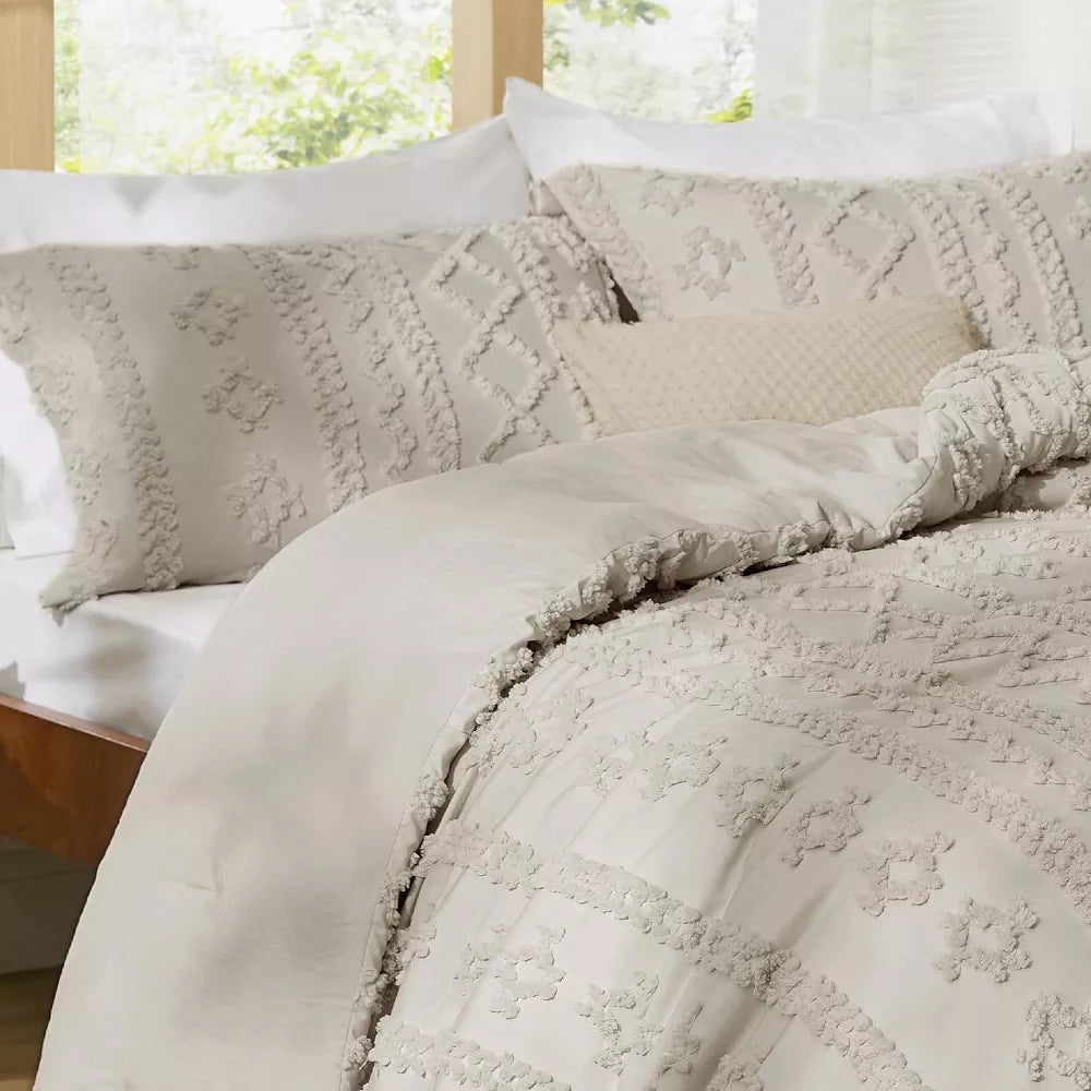 Tufted Boho Comforter Set Bed Set GentleSoft Farmhouse Shabby Chic Embroidery Bedding - Full