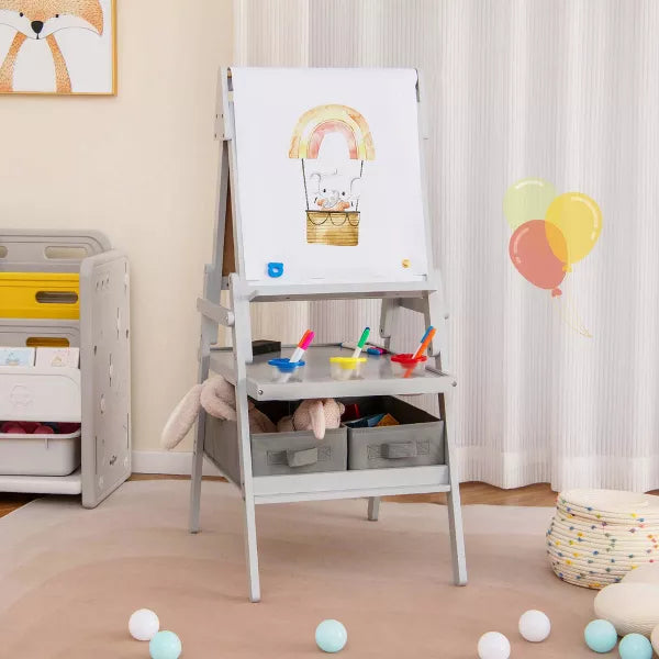 3-in-1 Art Easel for Kids with Magnetic Chalkboard & Whiteboard Paper Roll Gray