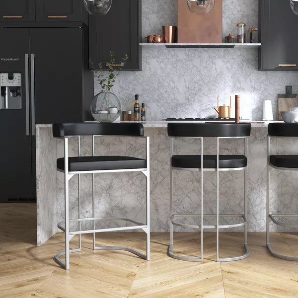 Cannonwood Half Moon Shape Metal Upholstered Back Counter Height Barstool Silver: Faux Leather