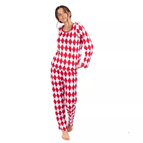 Women's Loose Fit Red & White Argyle Pajamas