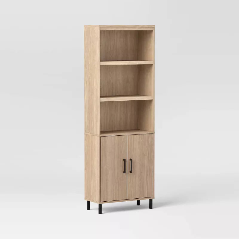 Mixed Material Library Bookcase with Doors Natural Wood