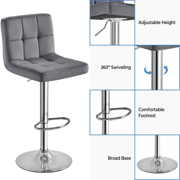 2pcs Adjustable Modern Velvet Swivel Bar Stool with Backrest And Large Pedestal Base