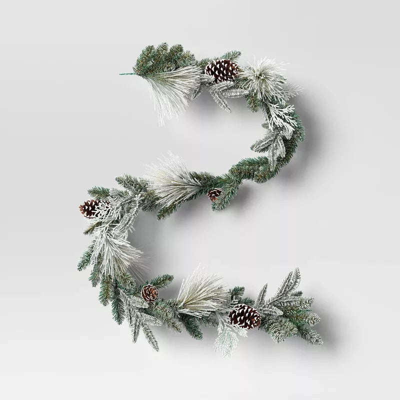 Flocked Mixed Greenery with Pinecones Artificial Christmas Garland Green Unlit, Indoor/Outdoor Use