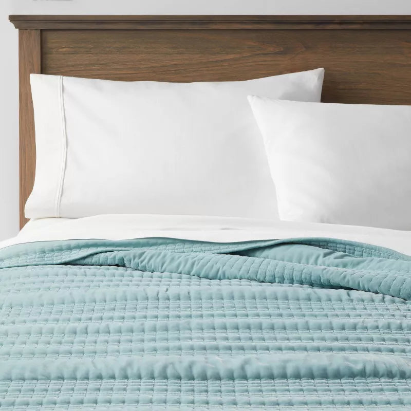 Lofty Velvet Quilt Light Teal Blue OEKO-TEX Certified, Machine Washable, Polyester Fill - Full/Queen
