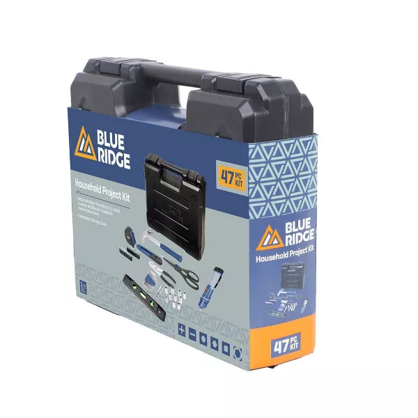 47pc Household Tool Kit: Steel & Rubber Non-Powered Set with Pliers, Screwdriver, Hammer, Carrying Case