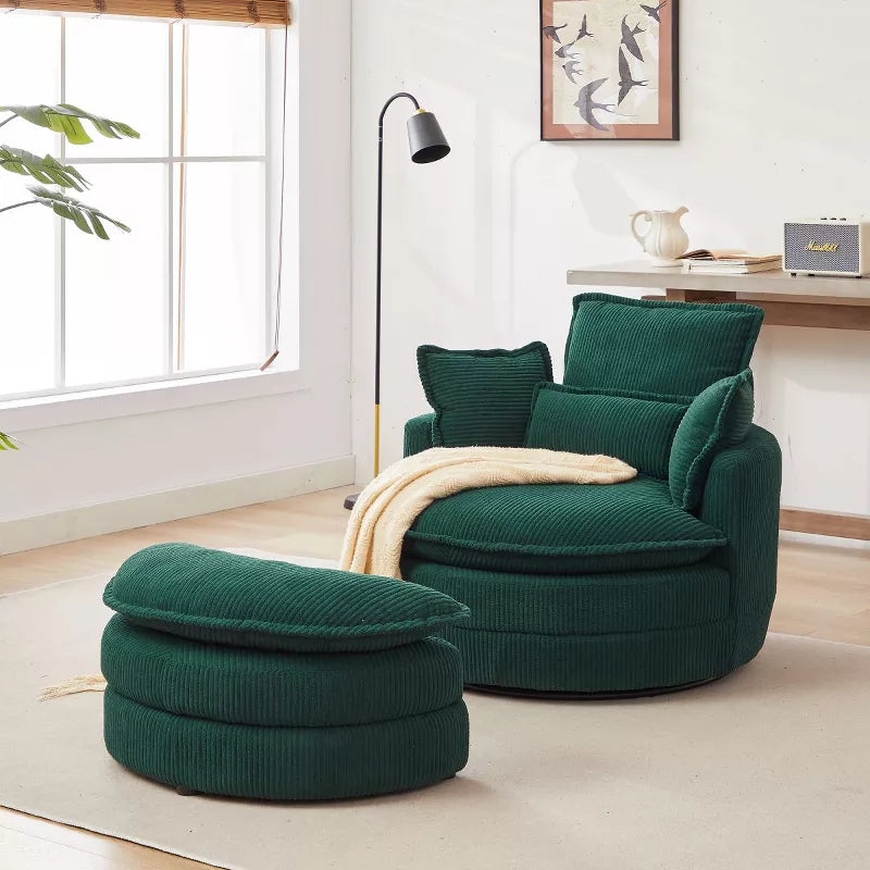 360° Swivel Chair Corduroy Upholstered Accent Chair with Moon Storage Ottoman, Oversized Accent Barrel Armchair with 4 Pillows