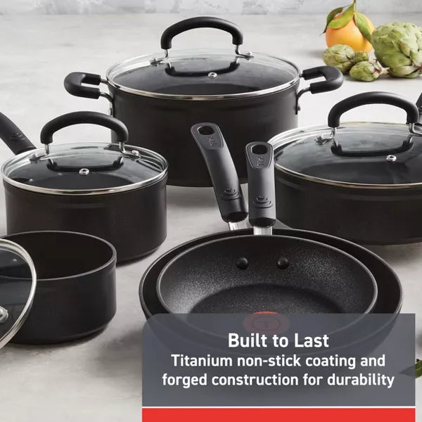 12pc Expert Forged Nonstick Cookware Set Black: Tempered Glass Lids, Stay-Cool Handles, Gas & Electric Compatible