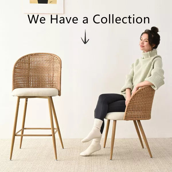 1-Piece Grasse Linen Bar Stool Beige Upholstered Bar Stool with Rattan Back