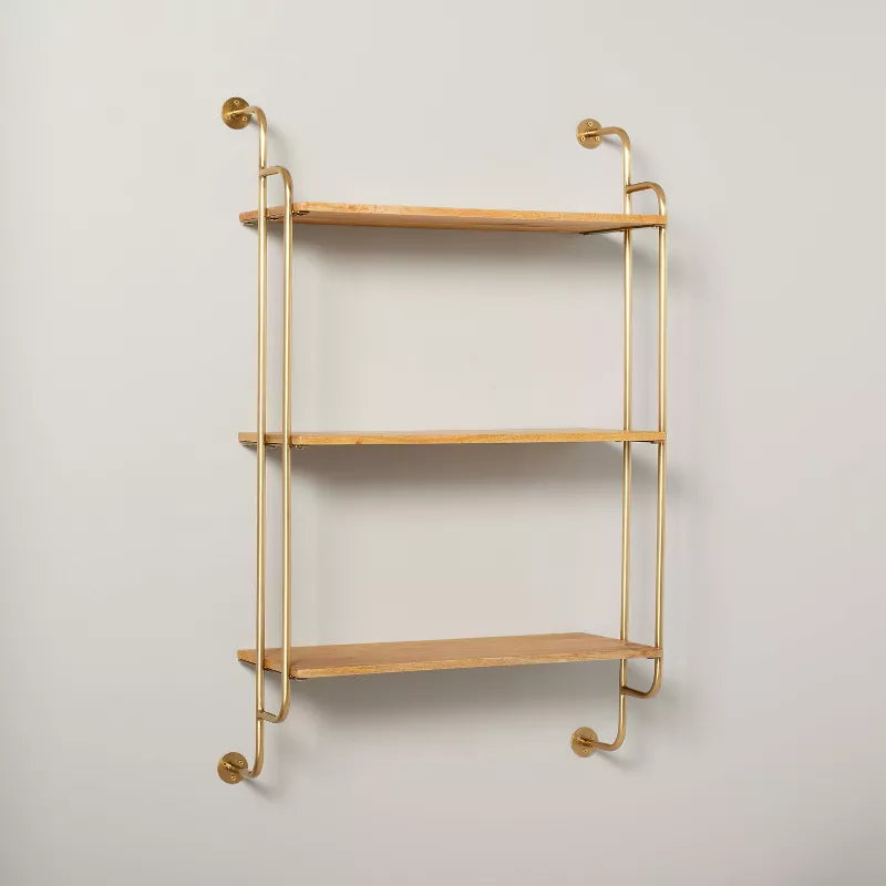 Wood & Brass Decorative 3-Tier Wall Shelf - Farmhouse Style, No Assembly, Iron Frame