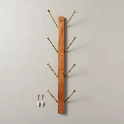 Wood & Metal Vertical Wall Rack Brown/Brass