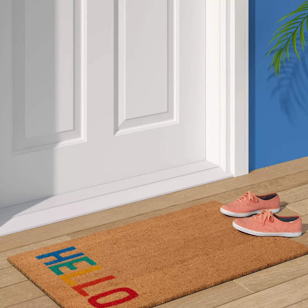 'Hello' Rainbow Coir Doormat Natural