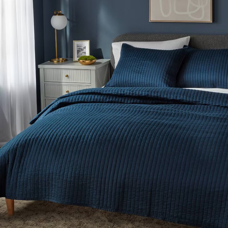Full/Queen Washed Cotton Sateen Quilt Dark Navy - OEKO-TEX Certified, Midweight Bedspread