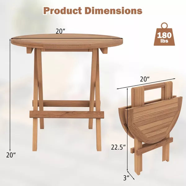Patio Folding Side Table Indonesia Teak Wood Round Slatted Tabletop Portable Camping