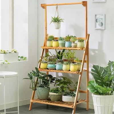 3 Tier Bamboo Hanging Folding Plant Shelf Stand Flower Pot Display Rack Bookcase