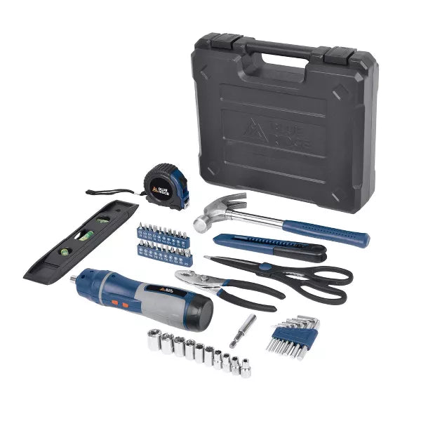 47pc Household Tool Kit: Steel & Rubber Non-Powered Set with Pliers, Screwdriver, Hammer, Carrying Case