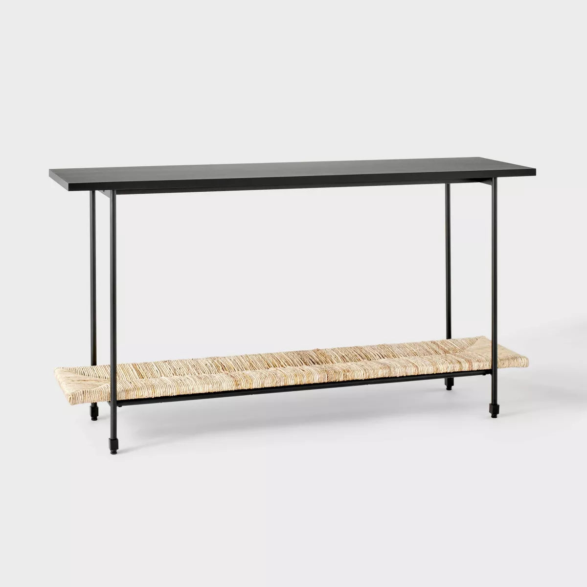 Metal and Rush Weave Top Console Table - Black SHOWROOM ITEM