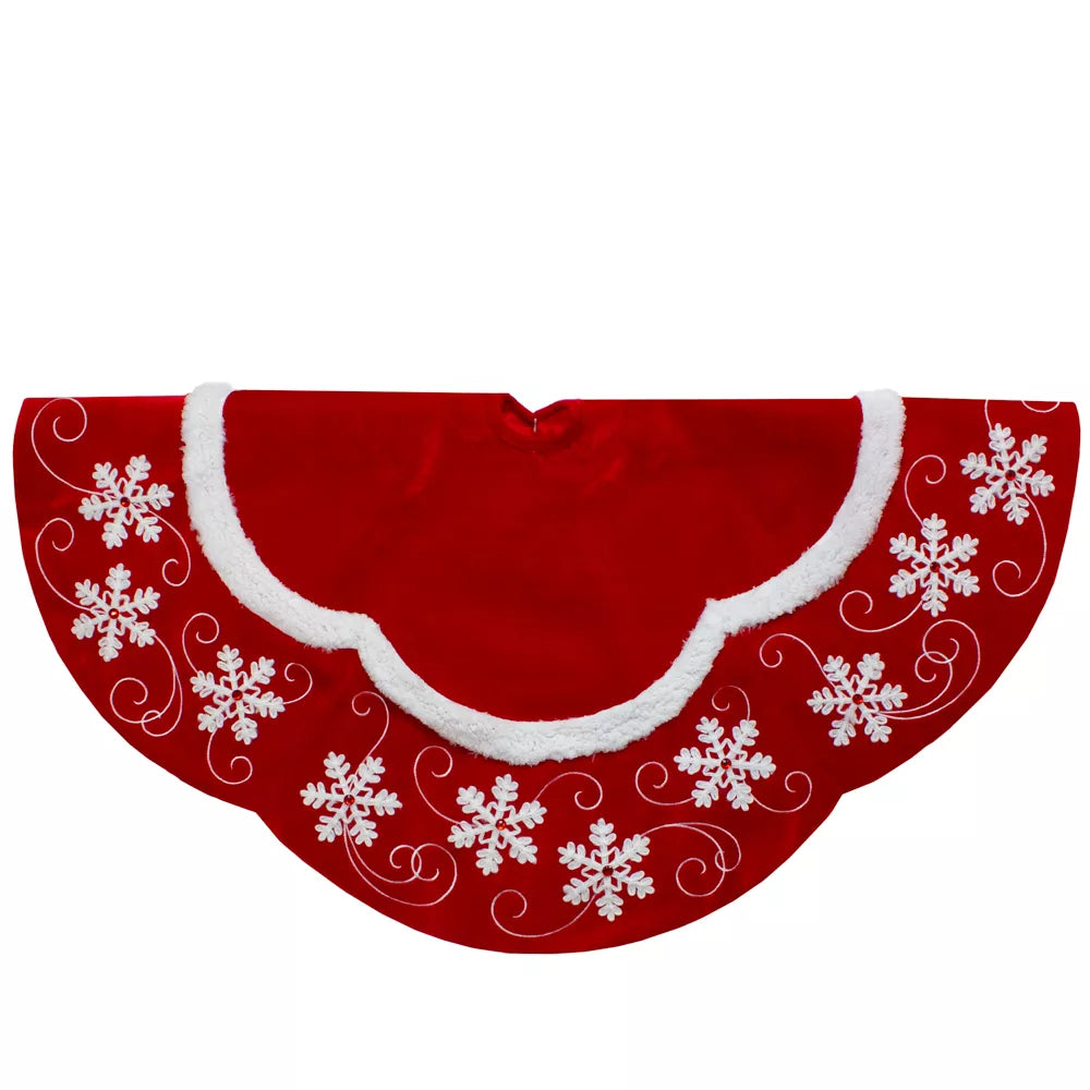 Velvet Red and White Snowflake Scallop Christmas Tree Skirt final cut