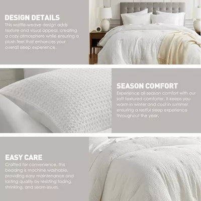 3Pcs Woven Waffle-Weave Knit Comforter Sets, Chic Vintage Style Boho Bed Set for All Season, Premium Breathable Bedding for Luxury Decor Style - King/California King