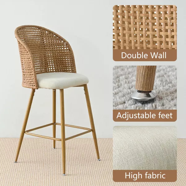 1-Piece Grasse Linen Bar Stool Beige Upholstered Bar Stool with Rattan Back