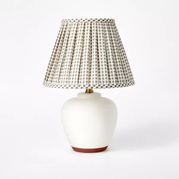 Ceramic Table Lamp with Gingham Print Pleated Shade Cream/Sage Green