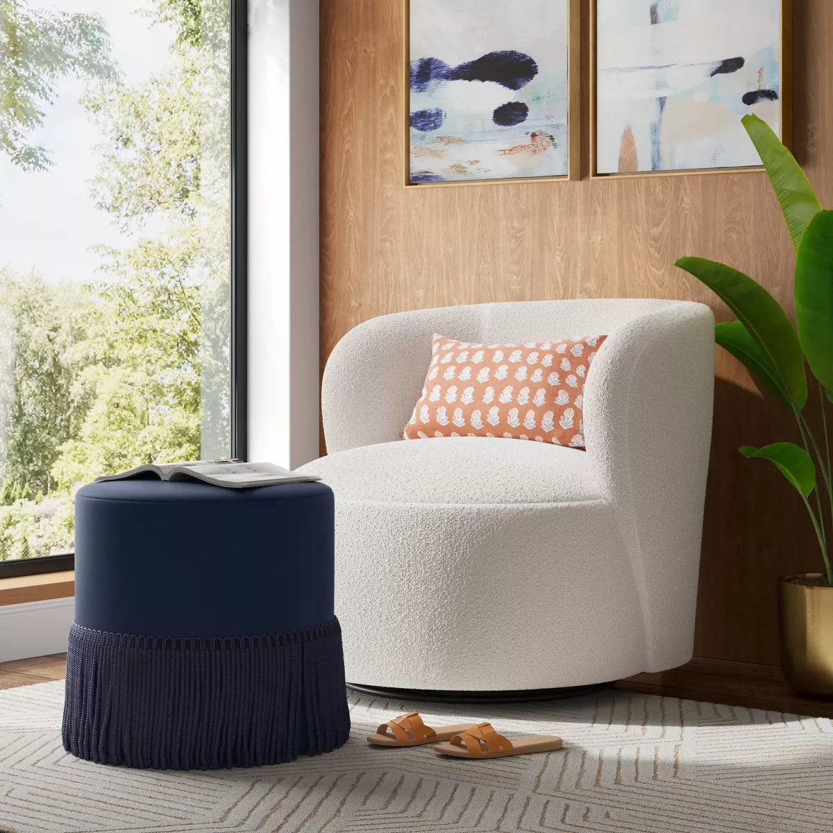 Fringe Drum Ottoman in Velvet - Ink Navy SHOWROOM ITEM