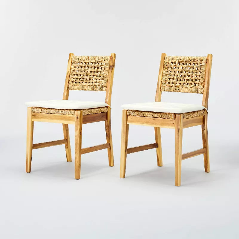 2pk Temescal Valley Wood and Woven Dining Chairs with Cushion Cream