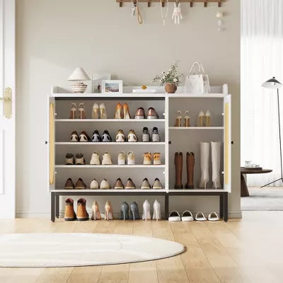 Shoe Cabinet with 3 Rattan Doors, 7-Tier Shoe Storage Cabinet with Adjustable Shelves, Freestanding Shoe Storage Organizer for Entryway, Natural