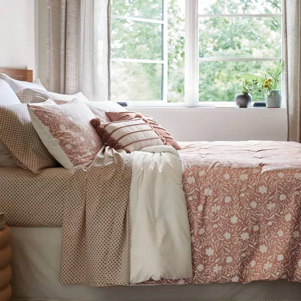 12pc Floral Boho Comforter & Sheets Set Terracotta Pink, King